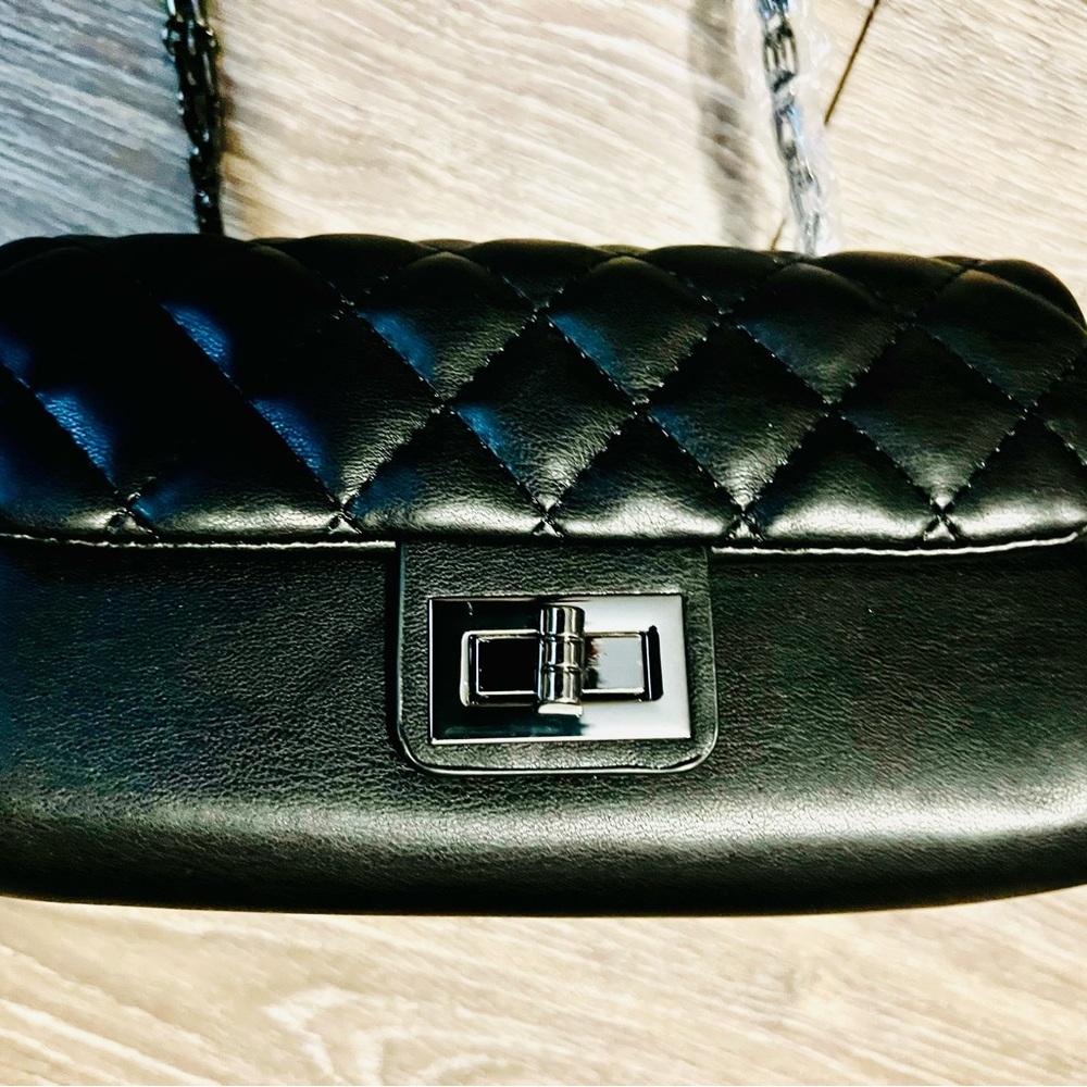 Black Quilted Crossbody Bag with Chain Strap - Picture 2 of 4